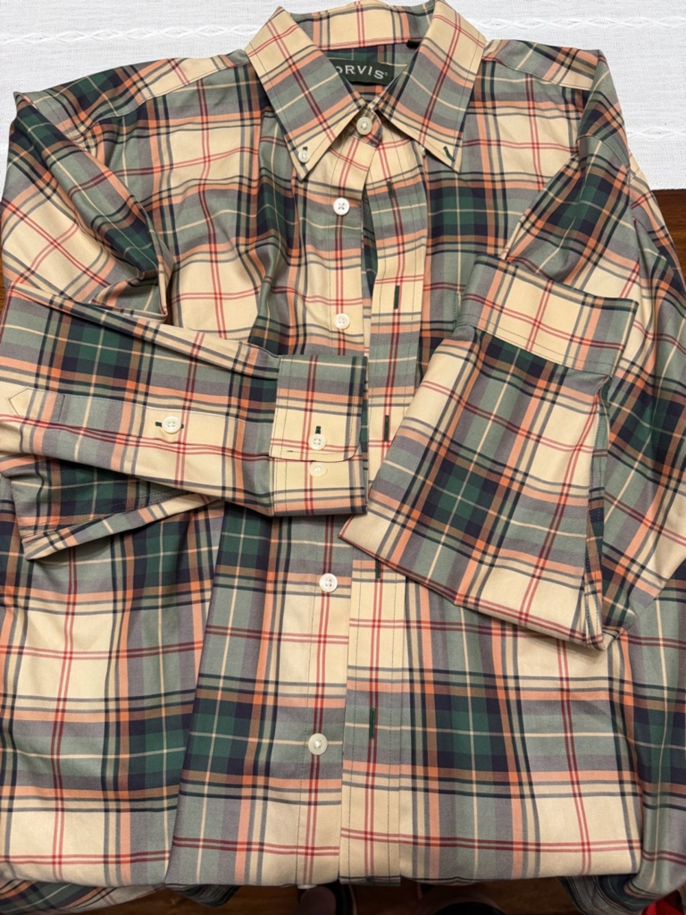 Orvis Cream, XL Green and Orange Plaid Button-Down Shirt
